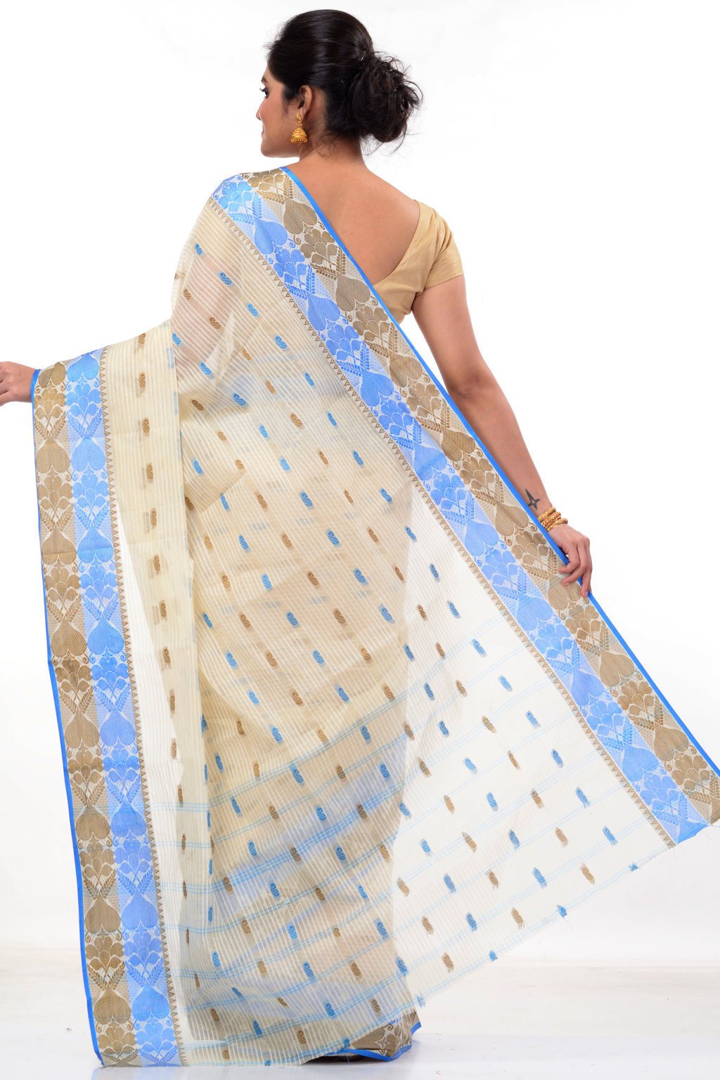 Blue Brown Pure Cotton Aged_Women Tant Saree (401)